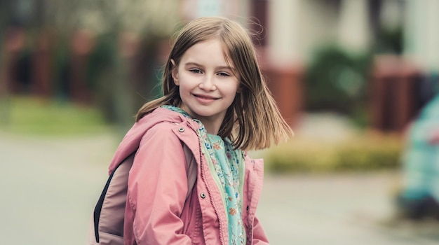schoolgirl walking at street