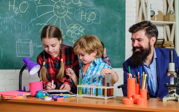 Science and education chemistry lab back to school happy children teacher Laboratory Research Scientific project For Chemical test School chemistry laboratory Chemistry is fun