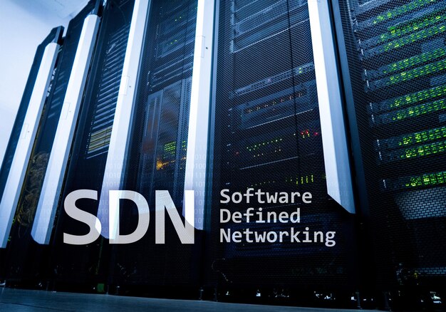 SDN Software defined networking concept on modern server room background