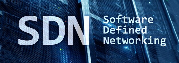 SDN Software defined networking concept on modern server room background