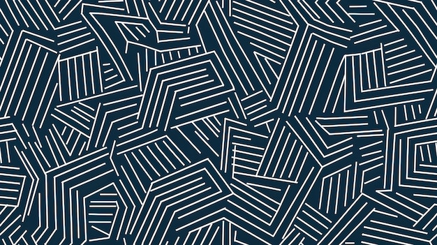 Seamless Blue Geometric Striped Abstract Pattern with Intricate Minimalist Line Art Design