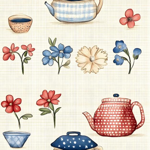 Seamless watercolor kitchen pans and flowers pattern