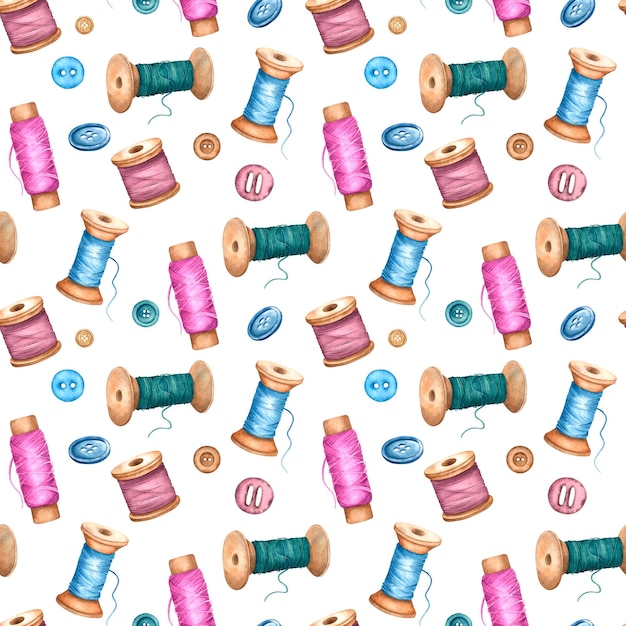Seamless watercolor surface pattern of spools of sewing thread and buttons Hand drawn illustration