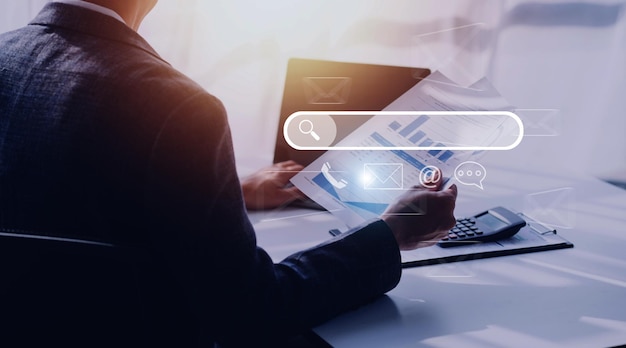 Search engine optimization SEO Searching Browsing Internet Data Information Networking Concept Businessman use smartphone for find data on networking copy space