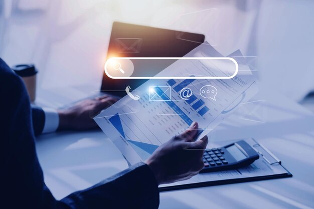 search engine optimization seo searching browsing internet data information networking concept businessman use smartphone for find data on networking copy space