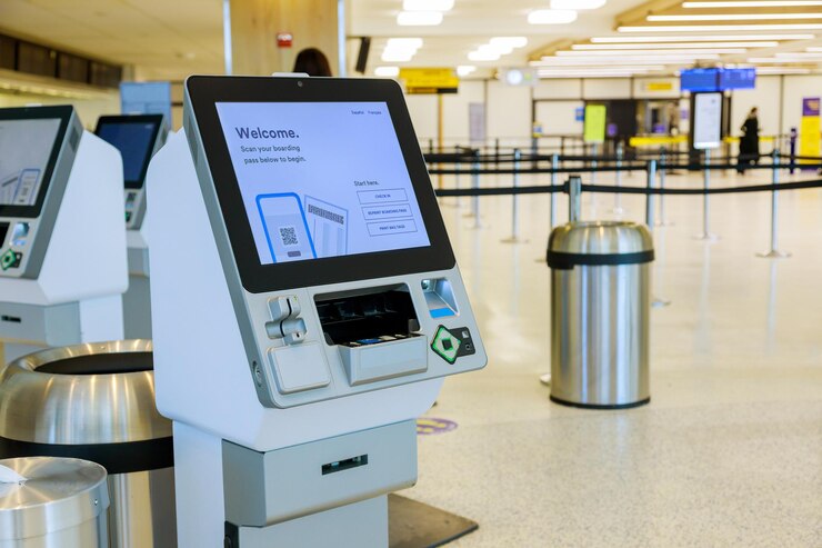 Photo self machine service kiosk at airport for check in printing boarding pass and buying ticket