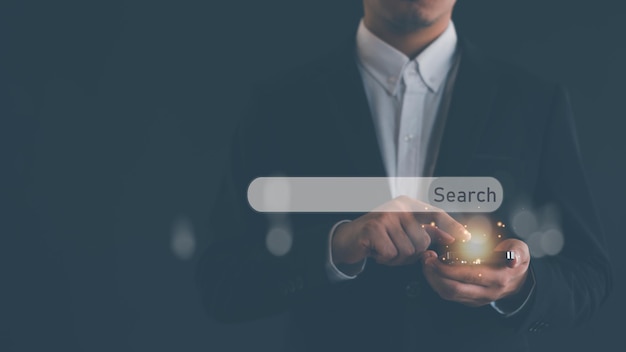 SEO Data Search Technology Search Engine Optimization search engine optimization mans hand using laptop to search information using search bar function on your website