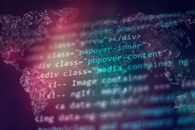 SEO optimization. Modern tech. PHP syntax highlighted. Writing programming functions on laptop.
