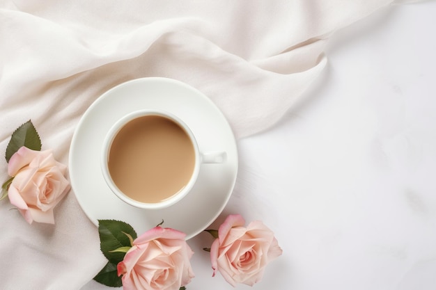 serene mornings aromatic coffee and delicate roses blooming in a harmonious flat lay