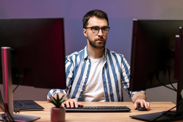 Photo serious handsome designer editor working freelance project looking at computer monitor