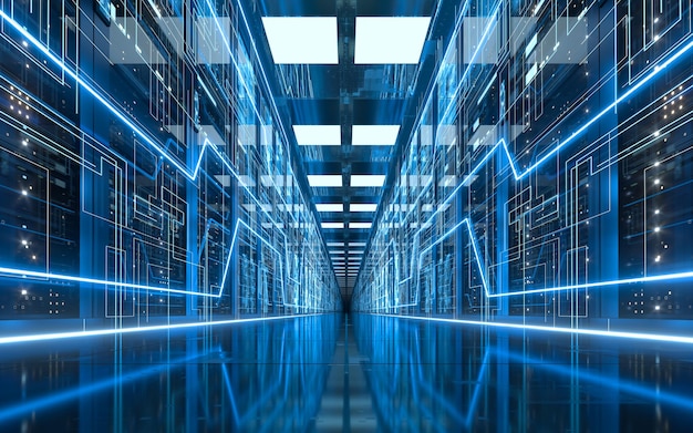 Server racks in computer network security server room data center 3d rendering