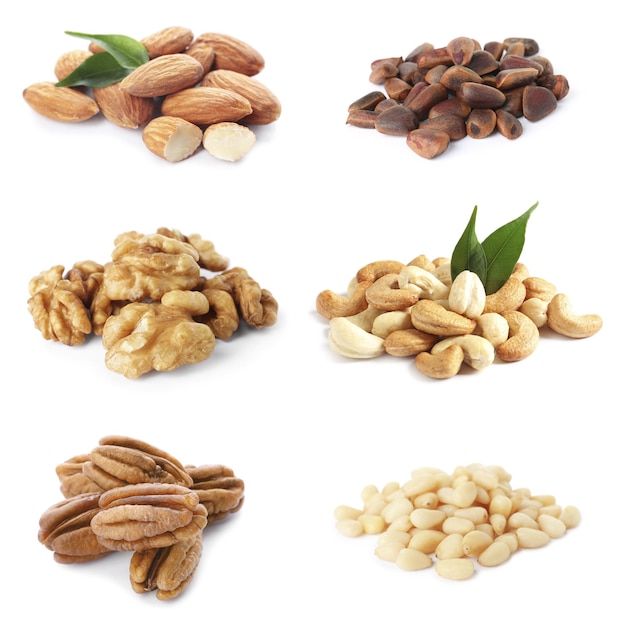 set of different nuts on white background