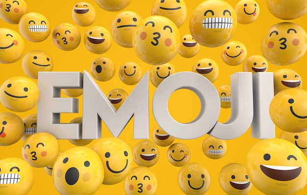 Set of emoji emoticon character faces with the word emoji 3D Rendering