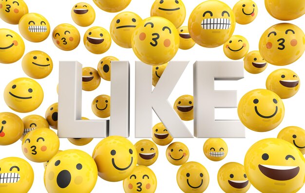 Set of emoji emoticon character faces with the word like 3D Rendering