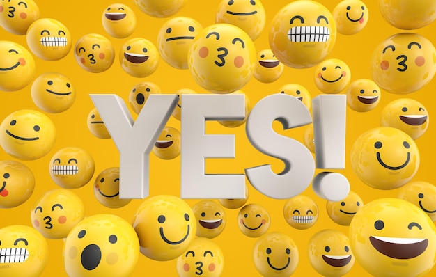 Set of emoji emoticon character faces with the word yes 3D Rendering