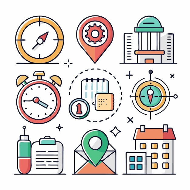 set of nine colorful line icons including compass clock calendar location and building