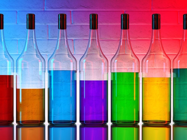 Set of the different bottles at the bar