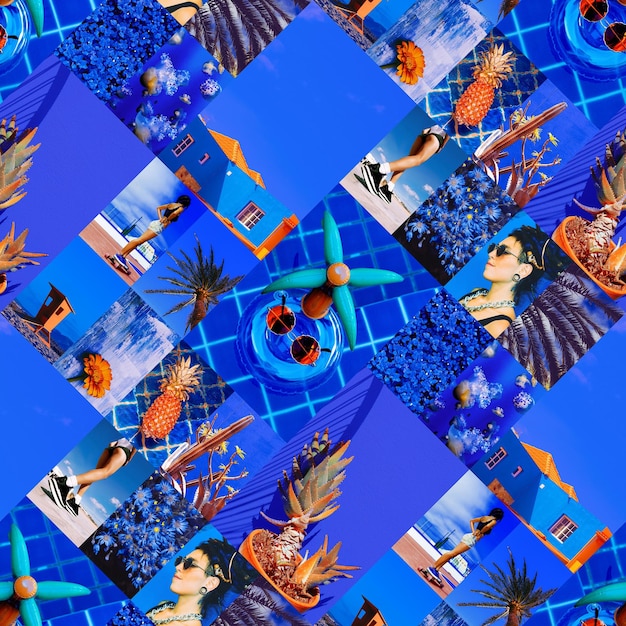 set of trendy aesthetic photo collages minimalistic images of one top color deep tropical blue summer moodboard