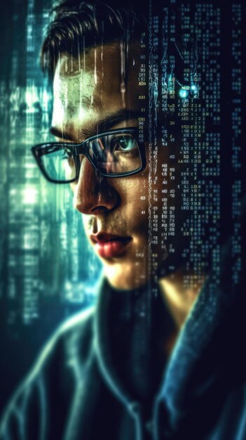 Shadowy Super Coder An Artistic Rendition of Code on Screen through Glasses Generative AI