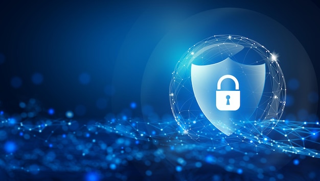 Shield with Padlock icon on Circuit board and Network wireframe with binary code over blue background abstract Cyber attack block Cyber data and Information privacy Concept 3D Rendering
