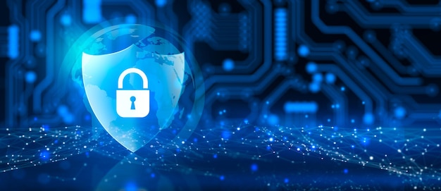 Shield with Padlock icon on Circuit board and Network wireframe with binary code over blue background abstract Cyber attack block Cyber data and Information privacy Concept 3D Rendering