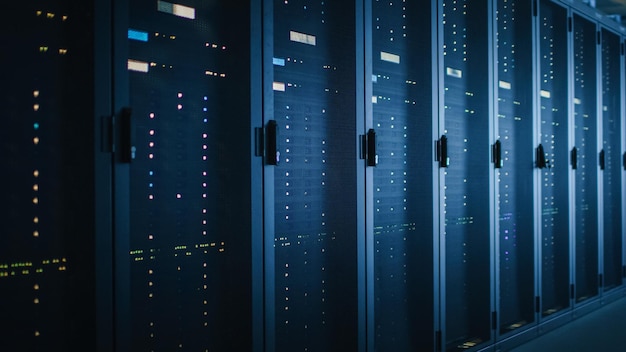 shot of dark data center with multiple rows of fully operational server racks modern telecommunications cloud computing artificial intelligence database supercomputer blue neon light