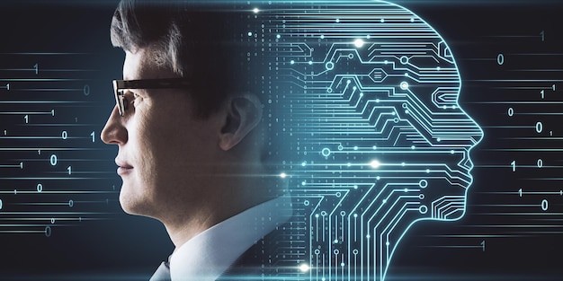 side portrait of attractive young european businessman with digital head outline circuit and binary code artificial intelligence and brain concept double exposure