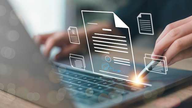 signing business contract concept online business contract electronic signature esigning digital document management paperless office paperless in the future concept