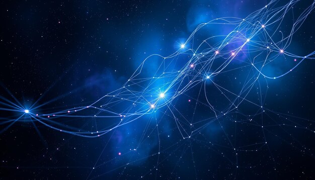 Silken threads stretch across a nebula each thread glowing faintly with iridescent colors