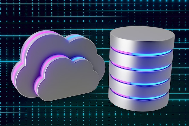 Silver icon cloud symbol and cylinder with glow light pink blue. 3D Illustration rendering.