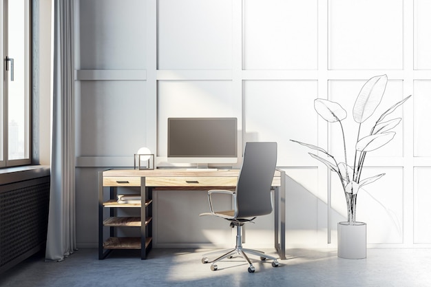 Sketch of contemporary concrete home office interior with furniture and equipment decorative plant 3D Rendering