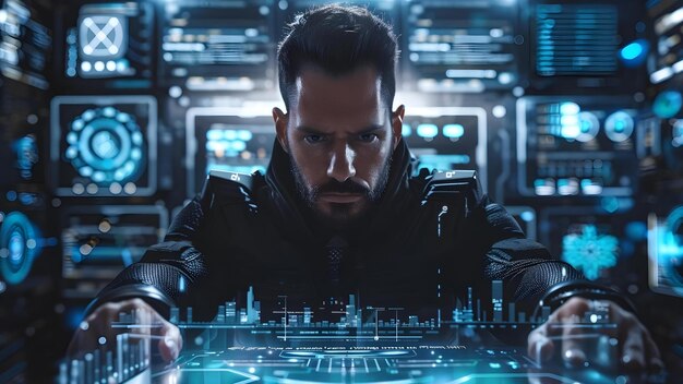 Skilled cyberpunk hacker in futuristic setting surrounded by holographic interfaces and code Concept Cyberpunk hacker Futuristic setting Holographic interfaces Code Skilled