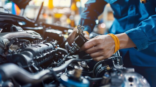 Skilled technician s expert hands at work in auto service center performing car repairs