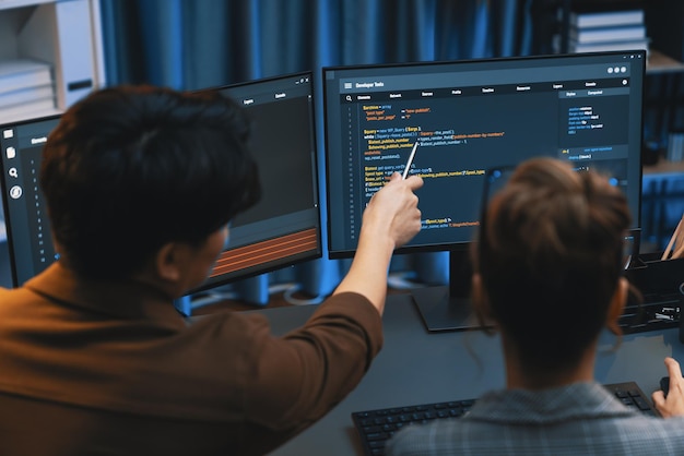 Smart it developer looking at coding program application at back side infobahn