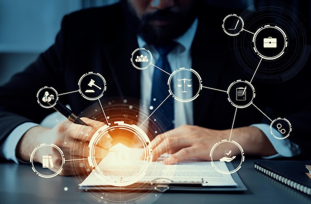 Smart law legal advice icons and astute lawyer working tools in lawyers office