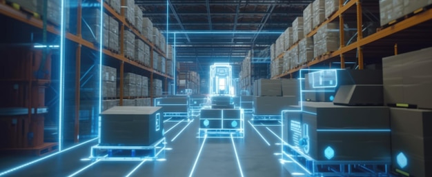 Smart warehouse with transporter robots and holographic dashboard Generative AI AIG21