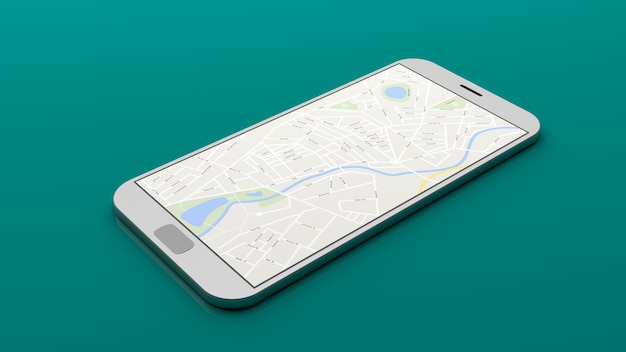 Smartphone map on the screen green background 3d illustration