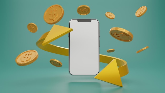 Smartphone with blank display digital wallet Shopping mobile app gold arrows and coinsCashback and bankingmoneysaving Mock up empty screen copy spaceIsolate background 3D rendering