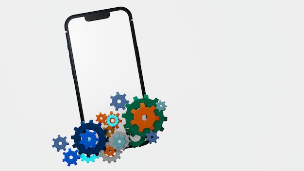 Smartphone with gear and cog wheels maintenance install application update 3D rendering