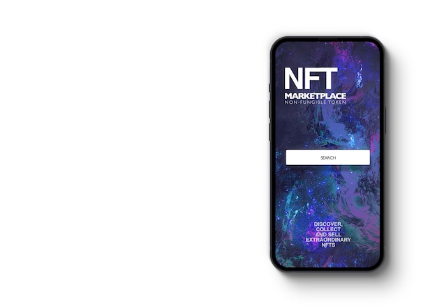 smartphone with smartphone with nft nonfungible token marketplace on white background crypto art