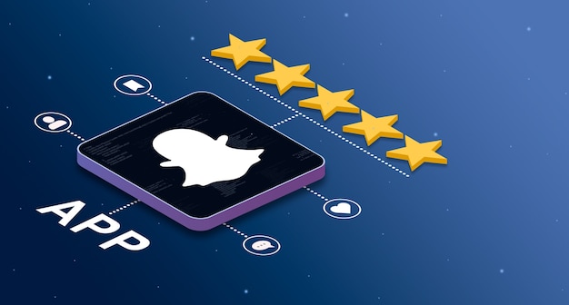 snapchat application icon with a 5star rating and social activity badges 3d