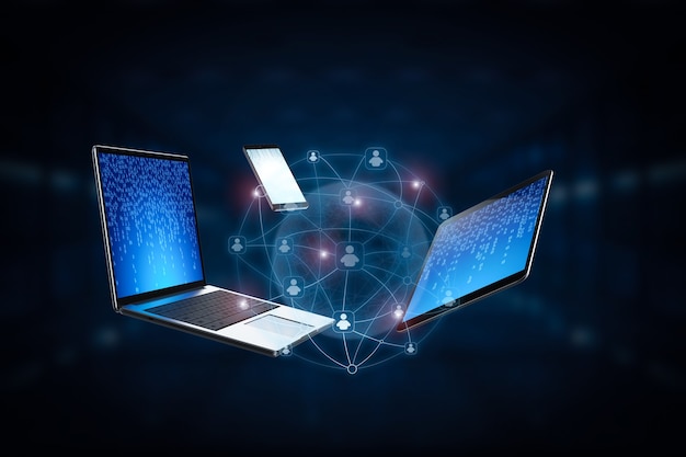 social media concept with 3d rendering computer notebook, tablet and mobile phone