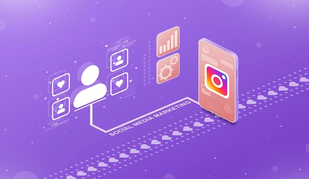 Social media marketing and user activity in phone with Instagram logo 3d