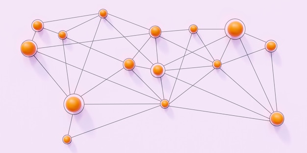 Social media network concept Orange ball linked pink background Online connection 3d render