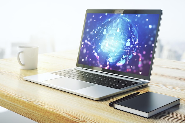 social network concept with world map on modern laptop screen 3d rendering