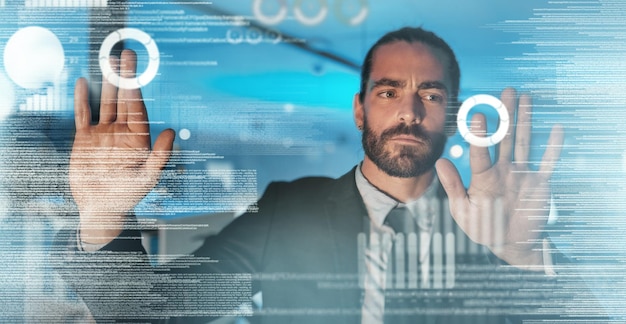 Software designer futuristic engineer and big data programmer working on erp and information technology Creative cyber security and man reading web design code for ai iot digital transformation