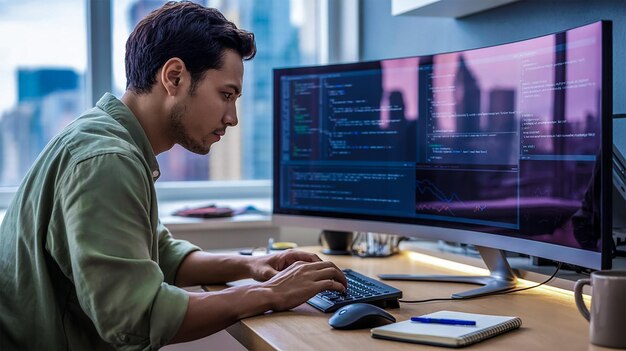 Software Developer Coding on a Computer with a Curved Monitor