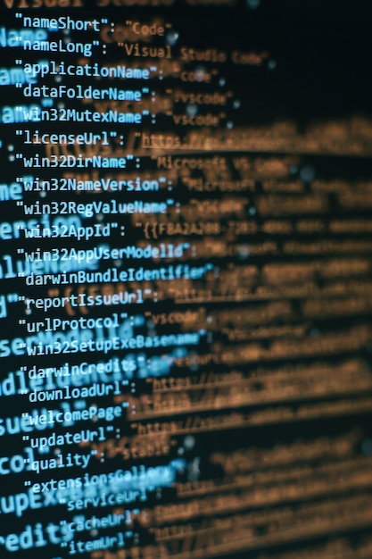 Software developer programming code. Abstract computer script code. Selective focus