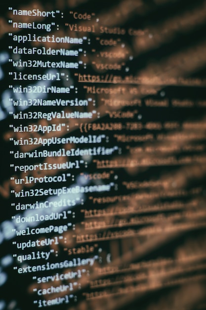 Software developer programming code. Abstract computer script code. Selective focus