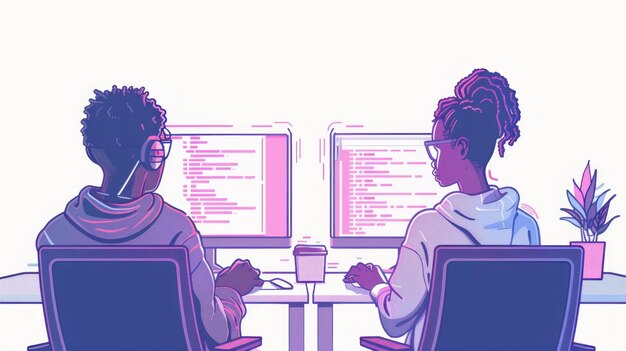 Software Developers Collaborating to Solve Coding Dilemma in Vibrant Pastel Outline Generative AI